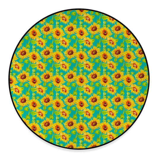 Teal Watercolor Sunflower Pattern Print Round Floor Mat