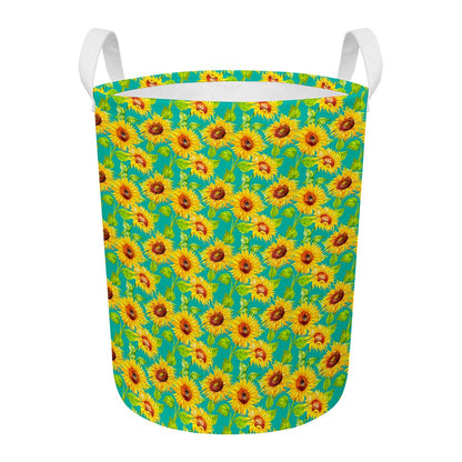 Teal Watercolor Sunflower Pattern Print Round Laundry Basket