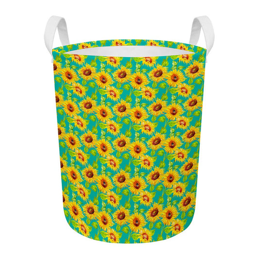 Teal Watercolor Sunflower Pattern Print Round Laundry Basket