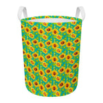 Teal Watercolor Sunflower Pattern Print Round Laundry Basket