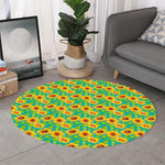 Teal Watercolor Sunflower Pattern Print Round Rug