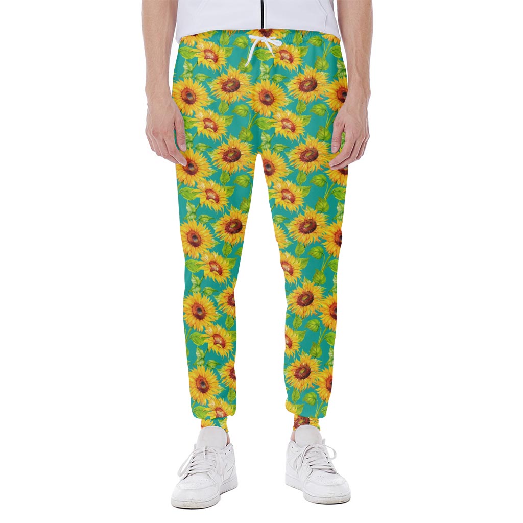 Teal Watercolor Sunflower Pattern Print Scuba Joggers