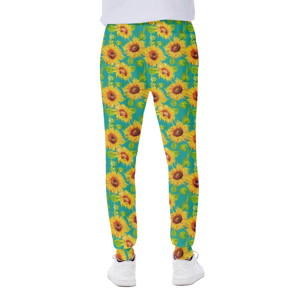 Teal Watercolor Sunflower Pattern Print Scuba Joggers