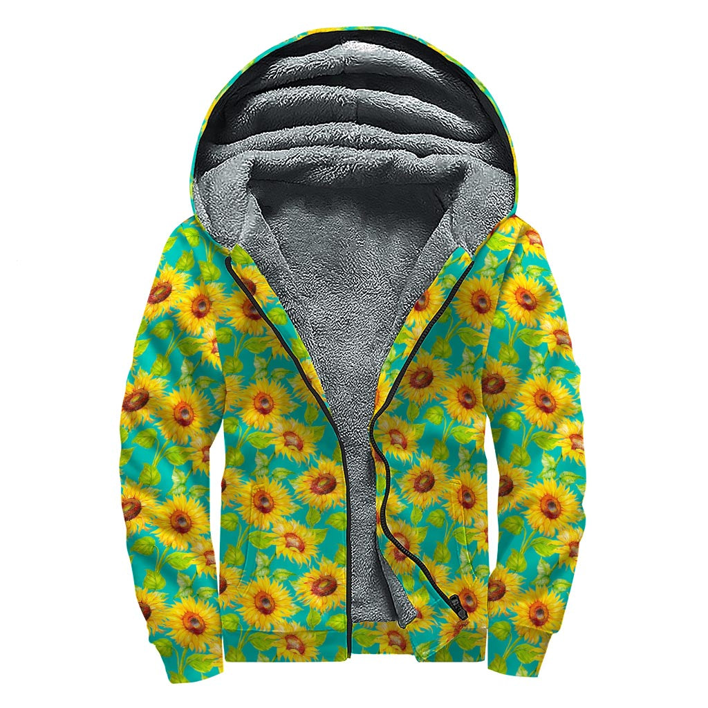 Teal Watercolor Sunflower Pattern Print Sherpa Lined Zip Up Hoodie