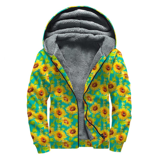 Teal Watercolor Sunflower Pattern Print Sherpa Lined Zip Up Hoodie