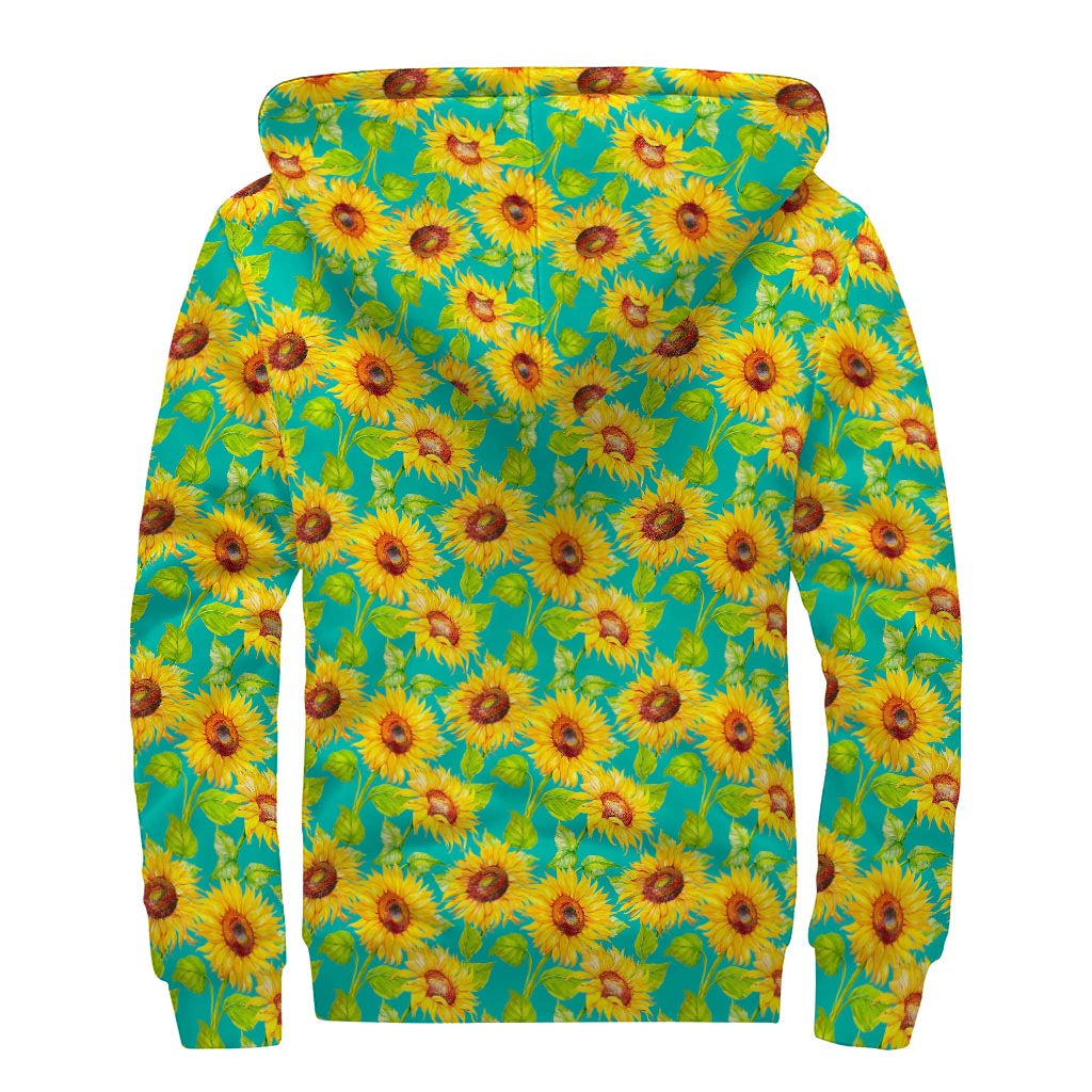Teal Watercolor Sunflower Pattern Print Sherpa Lined Zip Up Hoodie