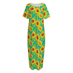 Teal Watercolor Sunflower Pattern Print Short Sleeve Long Nightdress
