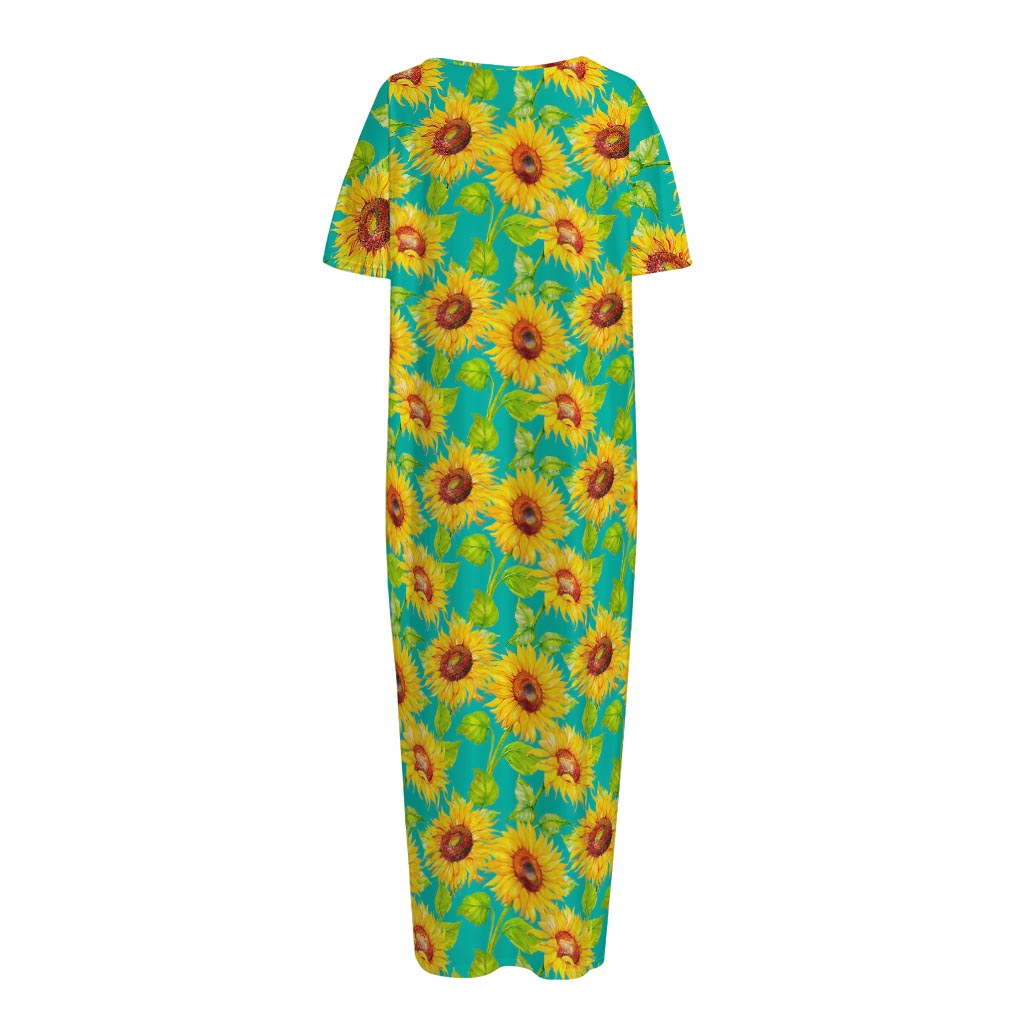 Teal Watercolor Sunflower Pattern Print Short Sleeve Long Nightdress