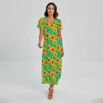 Teal Watercolor Sunflower Pattern Print Short Sleeve Maxi Dress
