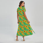 Teal Watercolor Sunflower Pattern Print Short Sleeve Maxi Dress