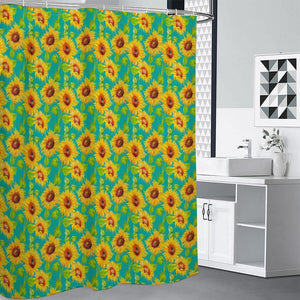 Teal Watercolor Sunflower Pattern Print Shower Curtain