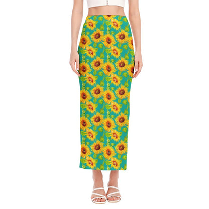 Teal Watercolor Sunflower Pattern Print Side Slit Maxi Skirt