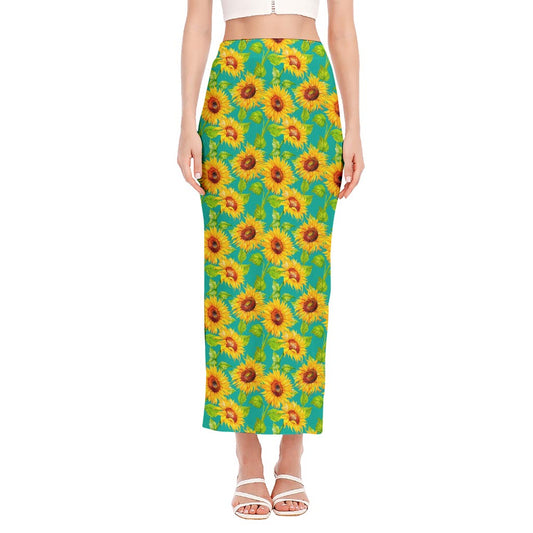 Teal Watercolor Sunflower Pattern Print Side Slit Maxi Skirt