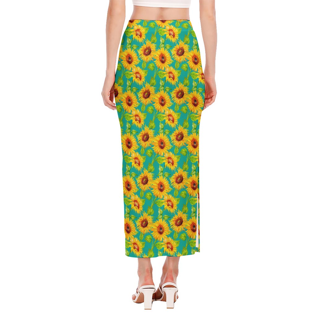 Teal Watercolor Sunflower Pattern Print Side Slit Maxi Skirt