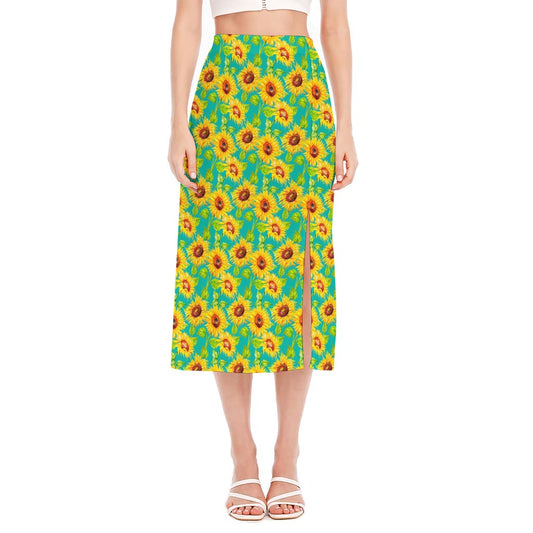 Teal Watercolor Sunflower Pattern Print Side Slit Midi Skirt