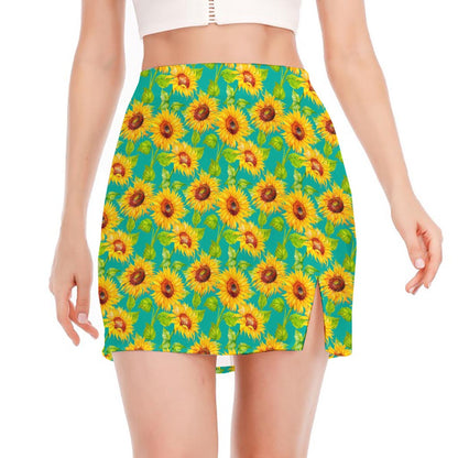 Teal Watercolor Sunflower Pattern Print Side Slit Mini Skirt