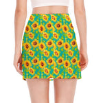 Teal Watercolor Sunflower Pattern Print Side Slit Mini Skirt
