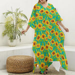 Teal Watercolor Sunflower Pattern Print Silk V-Neck Kaftan Dress