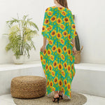 Teal Watercolor Sunflower Pattern Print Silk V-Neck Kaftan Dress