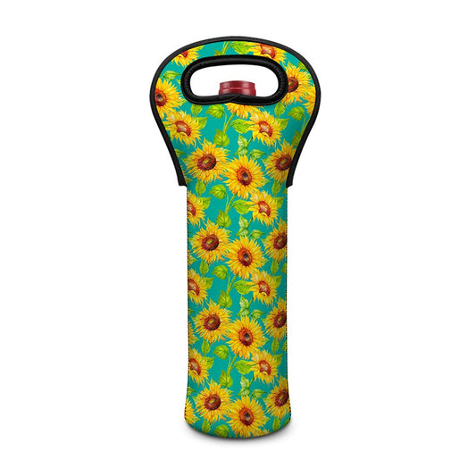 Teal Watercolor Sunflower Pattern Print Single Neoprene Wine Tote
