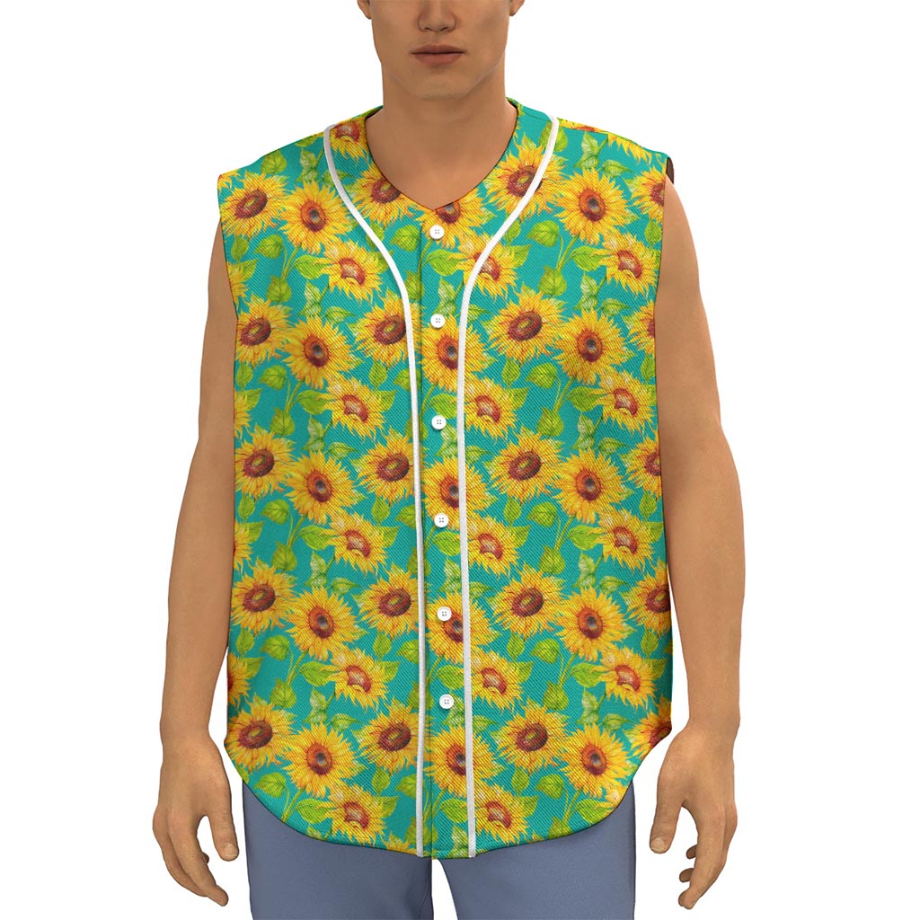 Teal Watercolor Sunflower Pattern Print Sleeveless Baseball Jersey