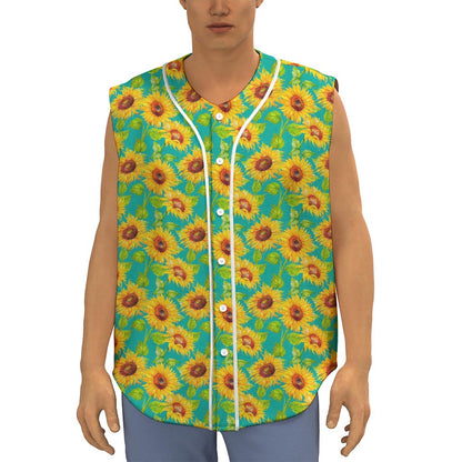 Teal Watercolor Sunflower Pattern Print Sleeveless Baseball Jersey