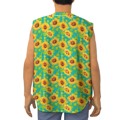 Teal Watercolor Sunflower Pattern Print Sleeveless Baseball Jersey