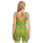 Teal Watercolor Sunflower Pattern Print Sleeveless One Piece Swimsuit