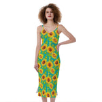 Teal Watercolor Sunflower Pattern Print Slim Fit Midi Cami Dress