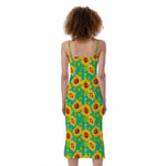 Teal Watercolor Sunflower Pattern Print Slim Fit Midi Cami Dress