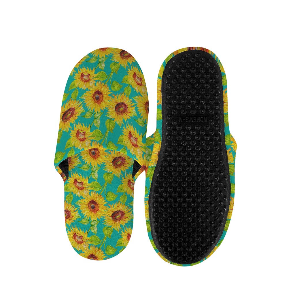 Teal Watercolor Sunflower Pattern Print Slippers