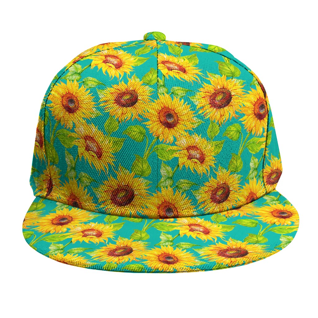 Teal Watercolor Sunflower Pattern Print Snapback Cap