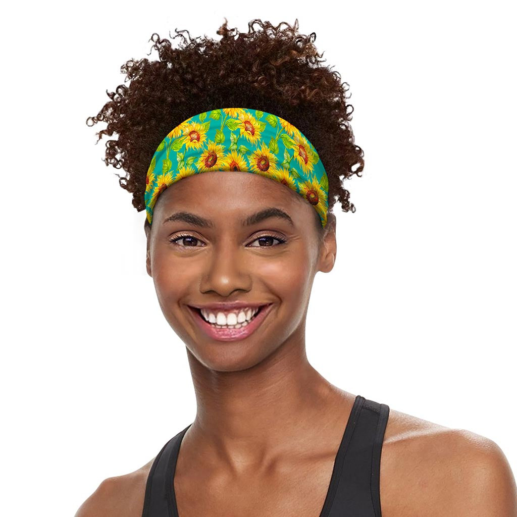 Teal Watercolor Sunflower Pattern Print Sports Headband