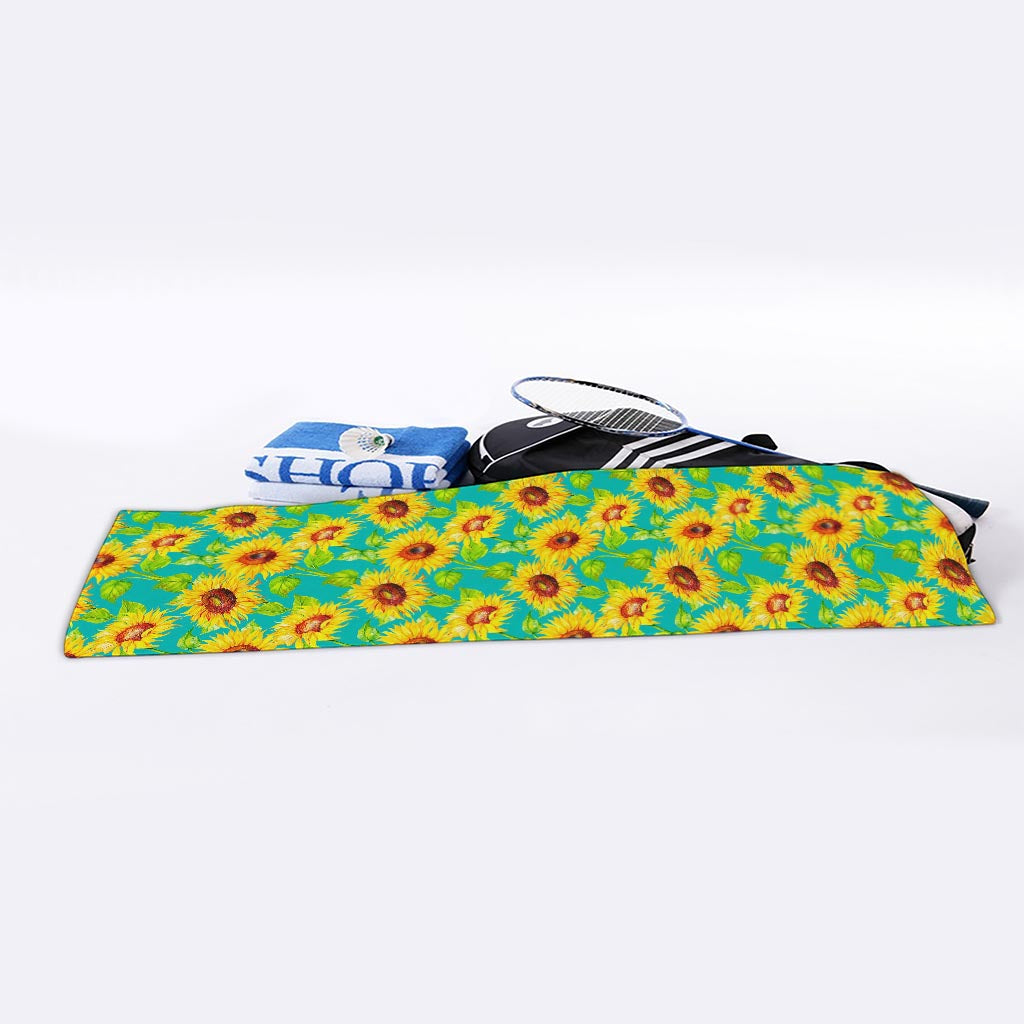 Teal Watercolor Sunflower Pattern Print Sports Towel