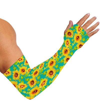 Teal Watercolor Sunflower Pattern Print Sun Protection Arm Sleeves