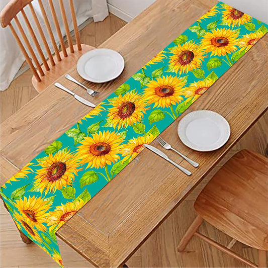 Teal Watercolor Sunflower Pattern Print Table Runner