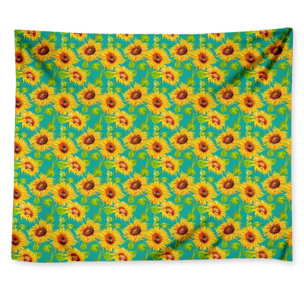 Teal Watercolor Sunflower Pattern Print Tapestry
