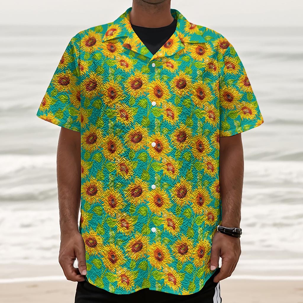 Teal Watercolor Sunflower Pattern Print Textured Short Sleeve Shirt