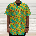 Teal Watercolor Sunflower Pattern Print Textured Short Sleeve Shirt