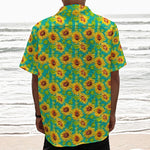 Teal Watercolor Sunflower Pattern Print Textured Short Sleeve Shirt