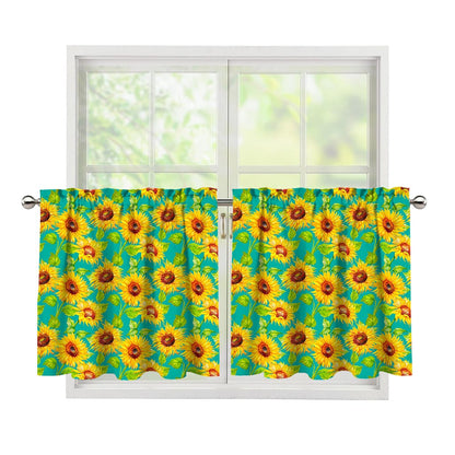 Teal Watercolor Sunflower Pattern Print Tier Curtains