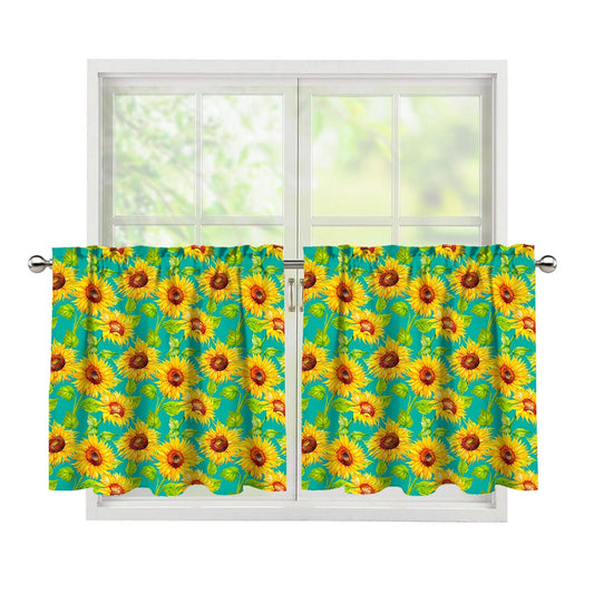 Teal Watercolor Sunflower Pattern Print Tier Curtains