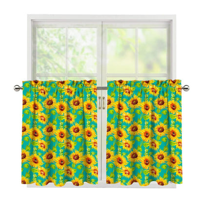 Teal Watercolor Sunflower Pattern Print Tier Curtains