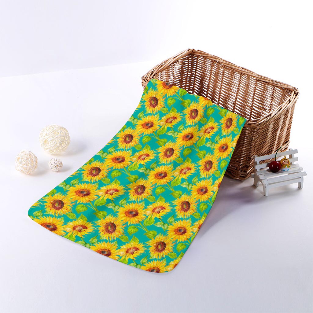 Teal Watercolor Sunflower Pattern Print Towel