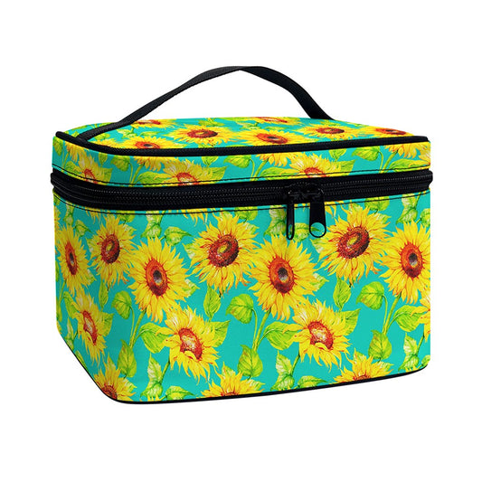 Teal Watercolor Sunflower Pattern Print Travel Makeup Bag