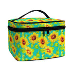 Teal Watercolor Sunflower Pattern Print Travel Makeup Bag