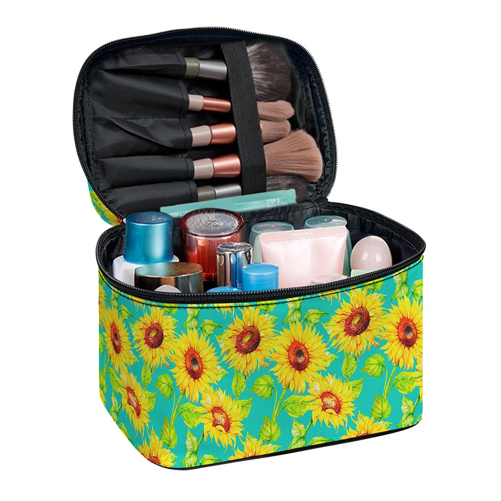 Teal Watercolor Sunflower Pattern Print Travel Makeup Bag