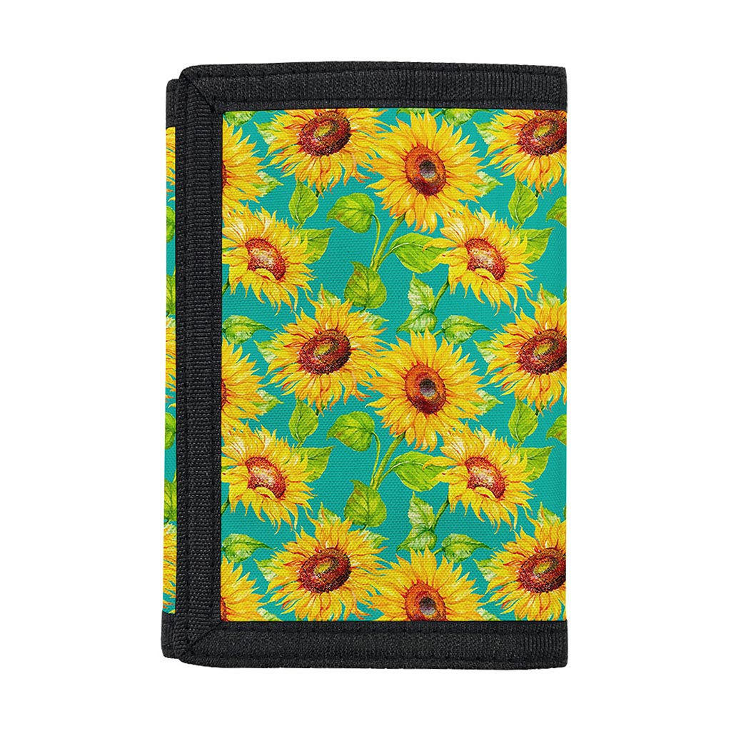 Teal Watercolor Sunflower Pattern Print Trifold Wallet