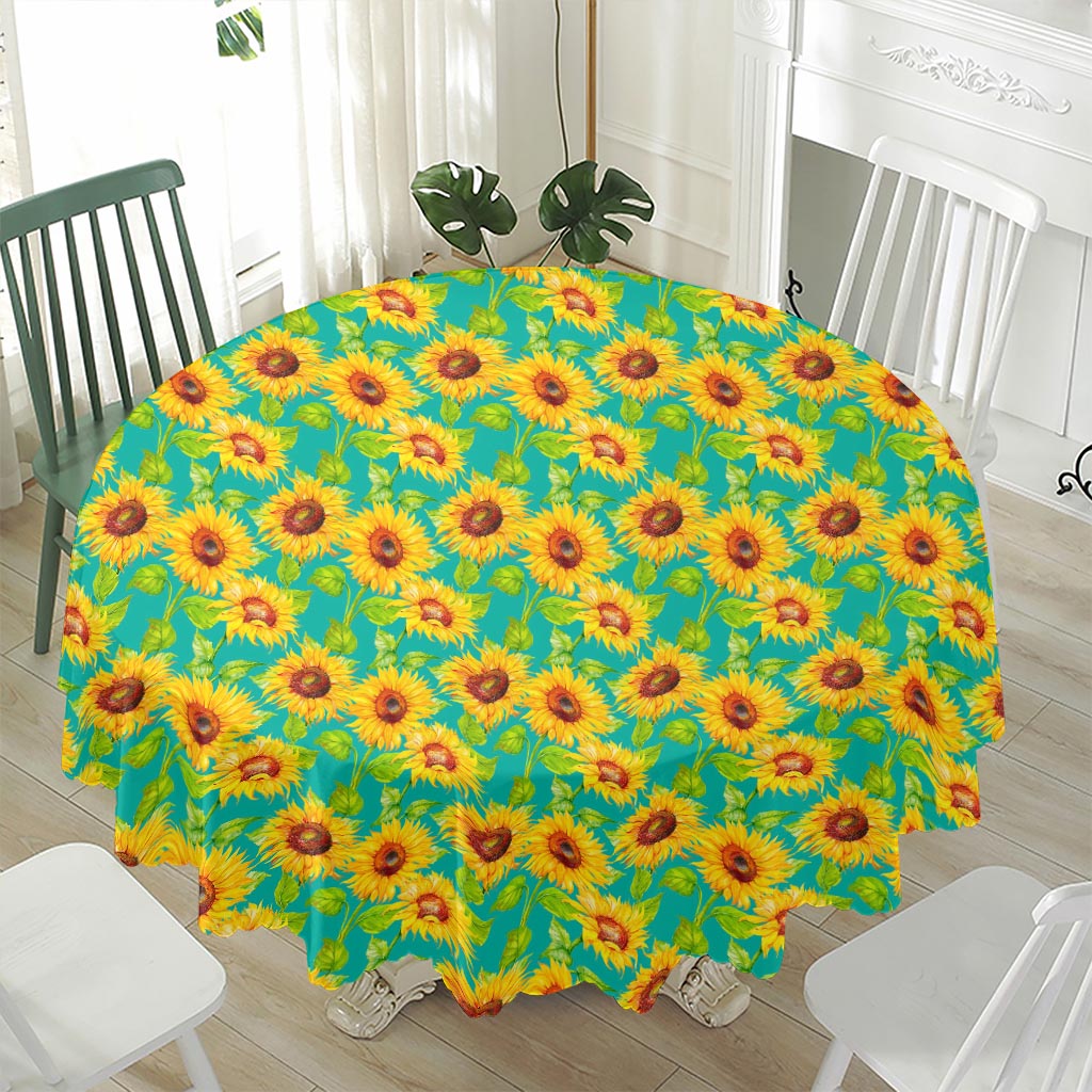 Teal Watercolor Sunflower Pattern Print Waterproof Round Tablecloth