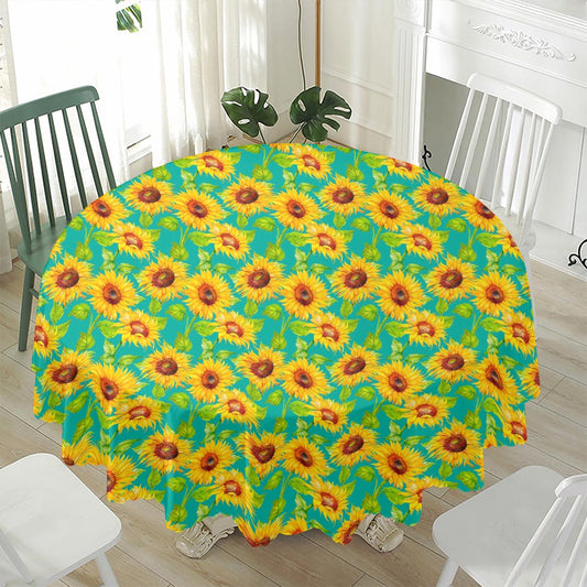 Teal Watercolor Sunflower Pattern Print Waterproof Round Tablecloth